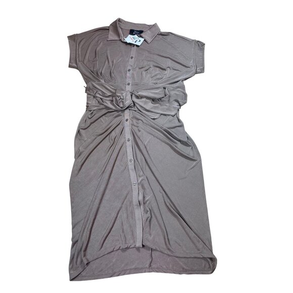 NWT Nina Parker Plus Size 2X Tan Tie-Front Ruched Shirtdress - Picture 4 of 4